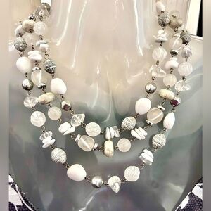Vintage 3 Strand Beaded Necklace White Gray Silver​​​​ Beads New